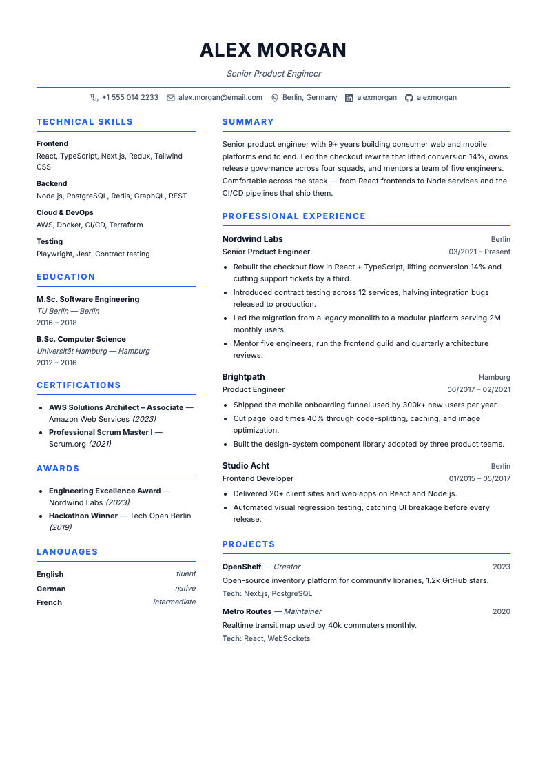 Cobalt Edge resume template — two-column, best for Engineering, Technical roles