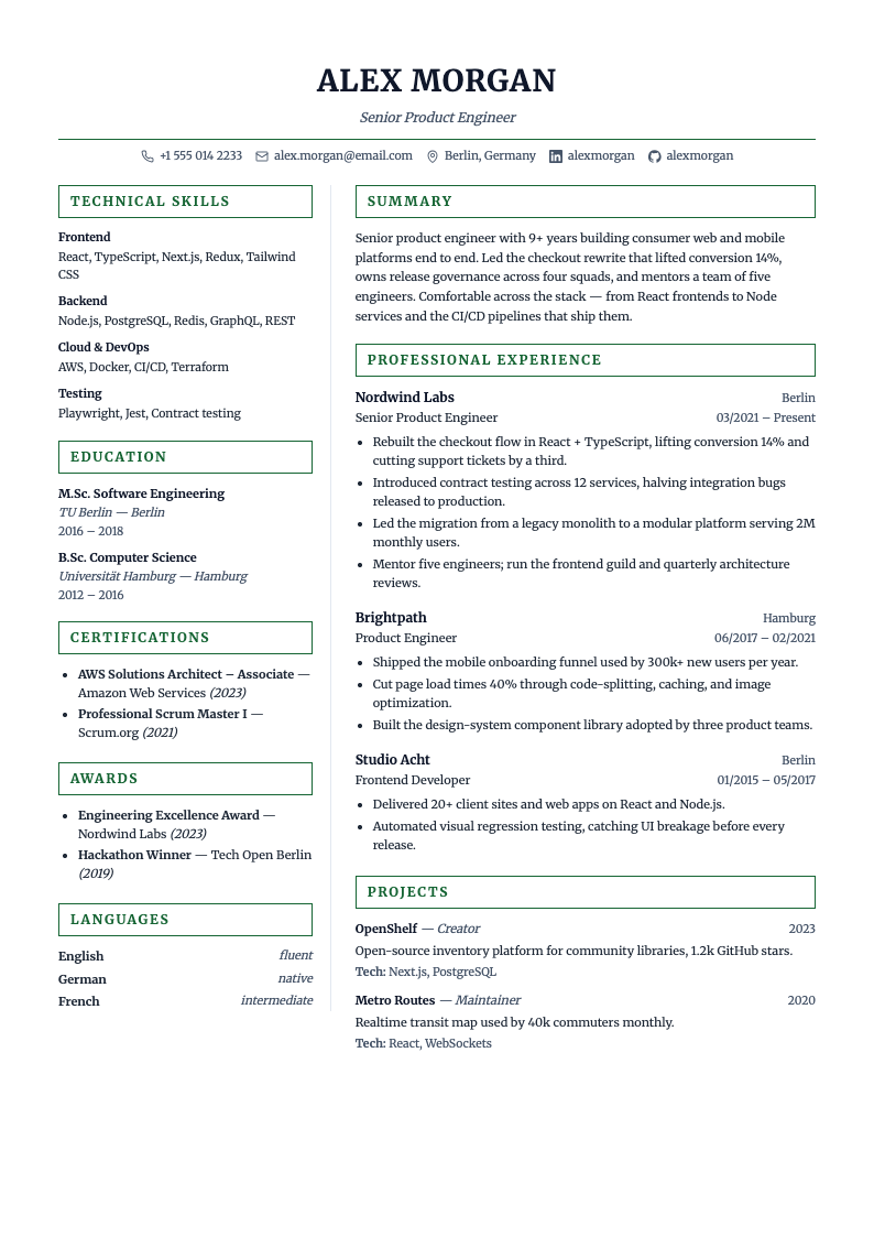 Hunter Green resume template — two-column, best for Research, Science, Sustainability