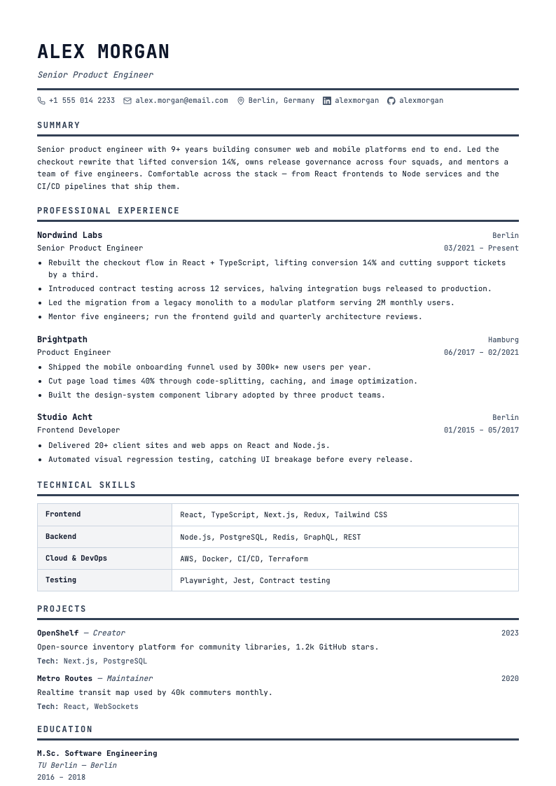 Mono Underline resume template — technical, best for DevOps, Security, Infra
