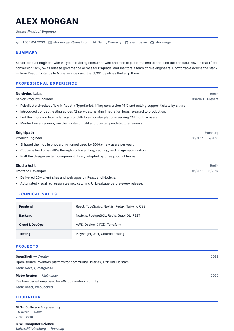 True Blue resume template — clean, best for Software, Product, Data